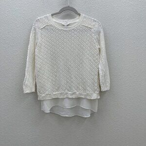 Lucky Brand Cream Open Split Back Knit Sheer Sweater Blouse Top Womens sz Small